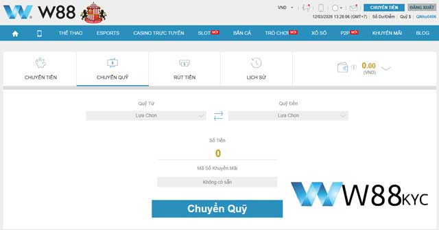 Thao tác chọn quỹ nguồn và nhập số tiền cần chuyển quỹ tại W88