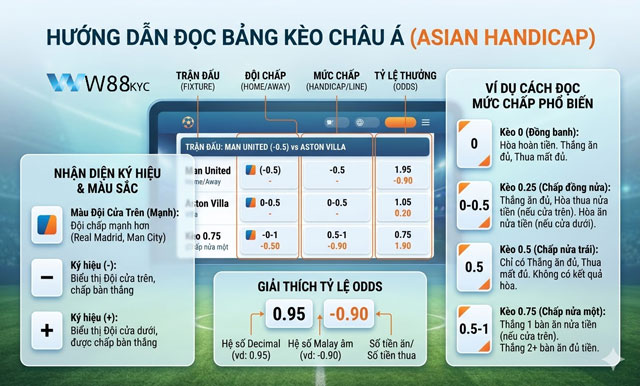 Hướng dẫn cách đọc bảng tỷ lệ kèo Châu Á tại W88 NATUU